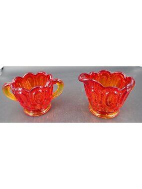 Amberina with Manganese Blue Light Glow Cream & Sugar Depression Glass